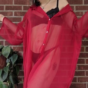 red sheer button up dress